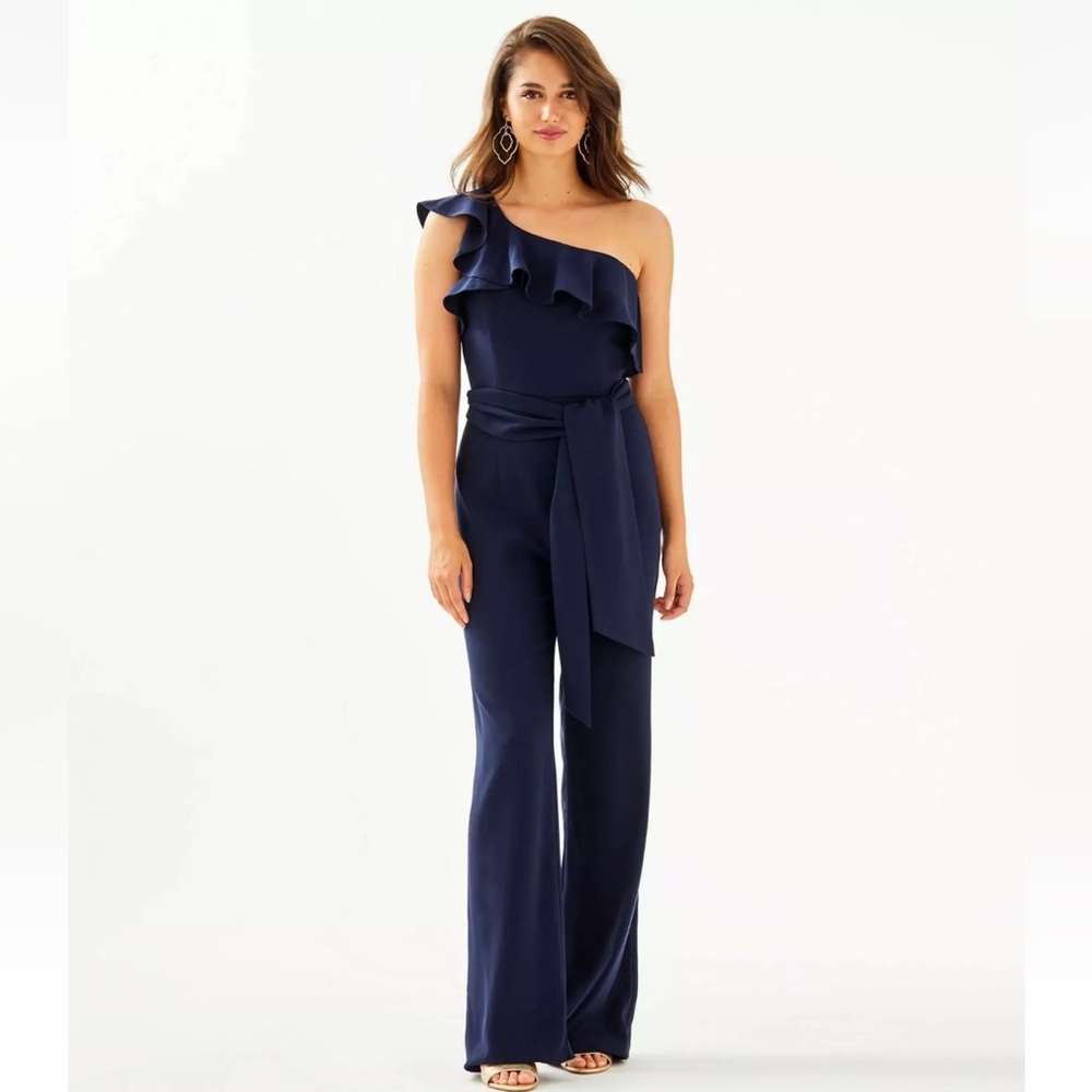 Lilly Pulitzer Navy Blue Lyra One Shoulder Ruffle Crepe Jumpsuit Size 8